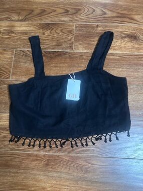 New Gianni Bini Black Beaded Fringe Crop Tank Top Sz. XL